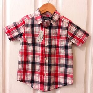 New Boys 3T shirt, Red, black and white plaid cotton blend. NWT